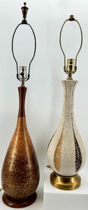 lot 100 image: Teardrop Mid Century Table Lamps - Speckled Glaze Pair with Brass Harp Frames & Sockets
