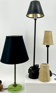 lot 103 image: Frog Motif Lamp Set - Uranium Green Glass Base & Beaded Shades (Lot of 3)