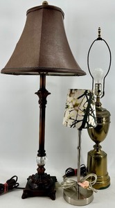 lot 104 image: Vintage Lamps - Ornate Dark Floor Lamp, Brass Table Lamp & Camouflage Shade Table Lamp (Lot of 3)