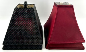 lot 110 image: Lampshades Set - Burgundy Fabric Shades 8.5 in Tall (2) & Black Pierced Metal Shades (2)