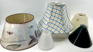 lot 112 image: Assorted Lamp Shades - Dragonfly Floral Print, Plaid Blue & Yellow, Ivory Pleated Embroidered
