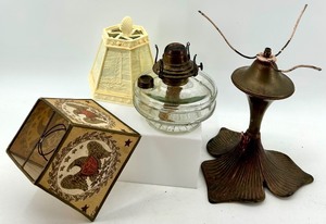 lot 117 image: Art Nouveau Lamp Base Set - Glass Oil Lamp Base, Paper Eagle Lampshade, Plastic Lampshade