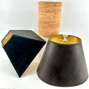lot 121 image: Lamp Shades - Cork Cylinder, Black Cone Shade & Black Square Shade (Lot of 3)