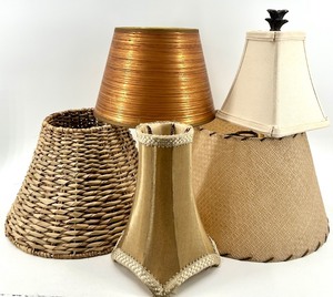 lot 124 image: Vintage Lampshades - Woven Rattan Shade, Copper Shade, Lattice Shade & Tassel Shade