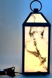 lot 126 image: Lantern Lamp Marble Panels & Black Metal Frame - Plug-In Power Cord