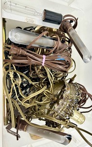 lot 129 image: Vintage Brass Chandelier Parts & Glass Tube Bulbs with Ornate Scrollwork