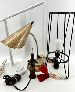 lot 131 image: Lamps - Pineapple Lamp, Gold Gooseneck Cone Lamp, White Lamp, Miniature Red Lamp, Black Frame Lamp (Lot of 5)