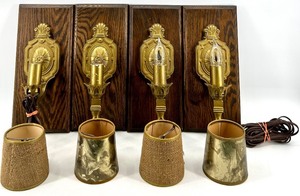 lot 132 image: Brass Wall Sconces & Wood Back Panel - Electric Candle Lamps
