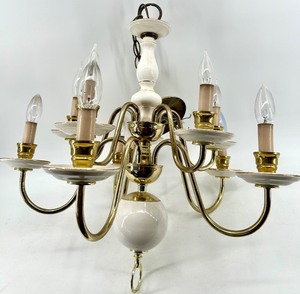 lot 135 image: Brass 10-Light Chandelier - White Ceramic Center Column & Candle-Style Bulbs