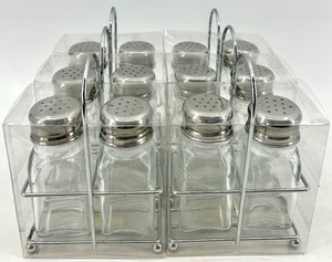 lot 142 image: 6- Salt & Pepper Shaker Sets with Holder - Clear Glass & Chrome Caps- #1