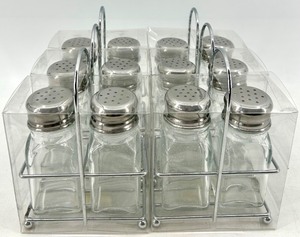 lot 143 image: 6- Salt & Pepper Shaker Sets with Holder - Clear Glass & Chrome Caps- #2