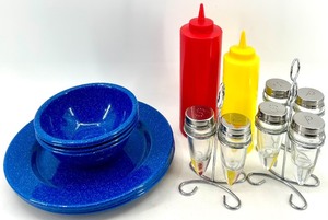 lot 151 image: Blue Speckled Enamelware Dinnerware Set with Salt & Pepper Shakers & Condiment Bottles