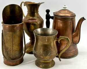 lot 156 image: Antique Copper & Brass Pitcher Set Coffee Pot, Jug & Mug (4-Piece)