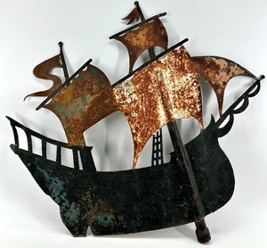 lot 251 image: Rusty Metal Sailboat Wall Sculpture - Vintage Ship Art