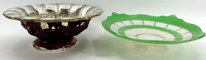 lot 255 image: Vintage Compote Bowl Garnet Goofus Glass Grapes Pattern & Green Rim Plate