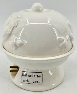 lot 263 image: Taylor England Vintage Ceramic Electric Egg Cooker & 3 Ceramic Egg Coddlers with screw tops