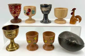 lot 272 image: Egg Cups - Mixed Wood & Metal (Lot of 9) including Ice Cream Mold