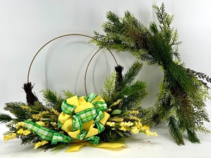 lot 277 image: 2 Evergreen Wreaths - Circular Hoop with Yellow Bow & Plaid Ribbon
