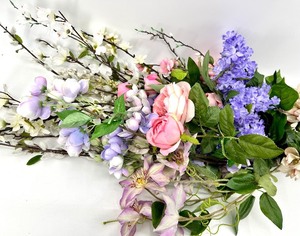 lot 279 image: Silk Flower Bouquet - Pink Roses, Purple Hydrangea & Green Foliage