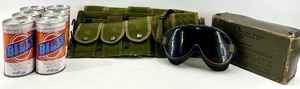 lot 287 image: Omnitech Goggles Sun Wind Dust with Case & Billy Beer Six-Pack ( Empty ) & Olive Drab Pouch Belt