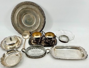 lot 290 image: Reed & Barton Silver Plate Charger Plate with Sugar Bowls on Stand, Rectangular Tray & Crystal Bowl