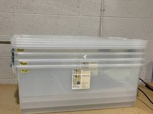 lot 203 image: LOT OF 7 Brightroom 110qt Storage Bins (Missing Lids, Transit Damage On 3 Corners, See Photos)