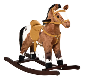 lot 325 image: Qaba Kids Wooden Plush Ride-On Rocking Horse Chair Toy with Realistic Sounds Dark BrownWhite