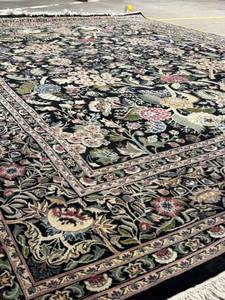 lot A-1 image: Persian-Style Floral Oriental Rug - Black Field with Fringed Edges