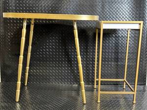 lot 17 image: Gold Bamboo-Style Console Table Set - Glass Top, White Drawer - 2-Piece