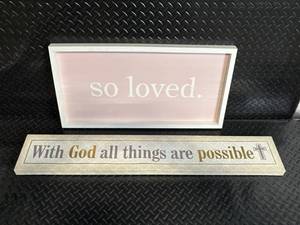 lot 23 image: Religious Wall Art Set - so loved. Pink Framed Panel & With God all things are possible Long Sign (Lot of 2)