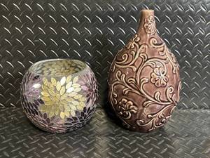 lot 26 image: Vases - Mosaic Glass Sphere & Embossed Ceramic Floral Vase (Lot of 2)