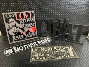 lot 48 image: Vintage Metal Wall Signs Our Love Grows Stronger Everyday, The Mother Road, Laundry Room, EAT
