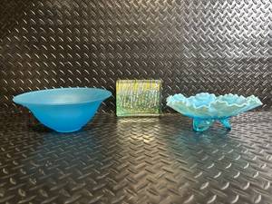 lot 58 image: Blue Glass Art Bowls Ruffled Edge Dish, Frosted Bowl, Birch Forest Tile (Lot of 3)