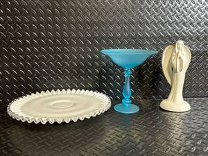 lot 60 image: Teleflora Gift Angel Figurine - Blue Glass Dessert Stand & White Ruffled Plate - 3-Piece Set