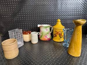 lot 111 image: Floral Hand-Painted Pitcher with Pink Roses, Green Gradient - Vintage Ceramic