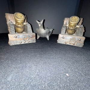 lot 235 image: Vintage Rustic Cannon Candle Holders With Central Dog Figurine - Wood & Brass
