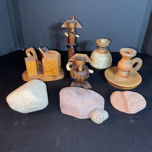 lot 238 image: Wooden Carved Figurines & Stone Decor - Rustic Folk Art Set