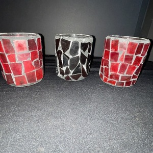 lot 243 image: Mosaic Glass Tealight Holders - Red & Black Set of 3