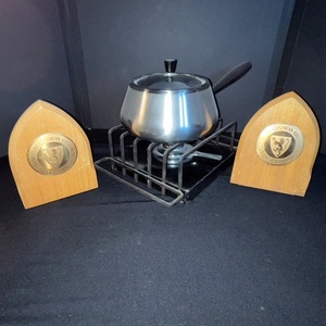 lot 246 image: Stainless Steel Pot with Lid on Portable Camp Stove & 2 Wooden Crest Plaques