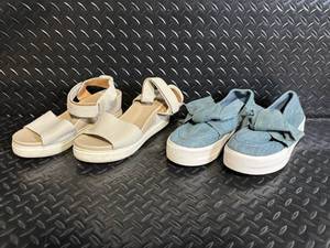 lot 142 image: Guess GGCHIPPY Denim Bow Slip-On Sneakers & Beige Strappy Sandals (Lot of 2)