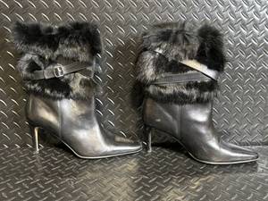 lot 144 image: Coach Fur-Trim Leather Boots with Buckle Strap - Black, High Heel