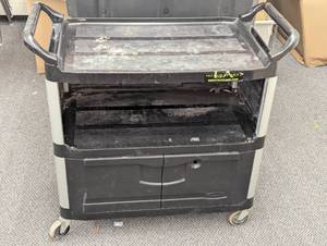 lot 66 image: Rubbermaid Xtra Utility Cart - Heavy Duty - With Shelves and Doors