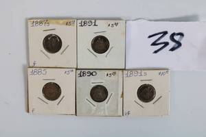 lot 38 image: Lot of 5 Seated Silver Dimes (1885, 1887, 1890, 1891, 1891) Liberty