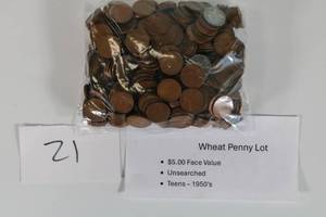 lot 21 image: Wheat Penny Lot Unsearched Teens-50s $5.00 (Qty 500) Face Value