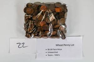 lot 22 image: Wheat Penny Lot Unsearched Teens-50s $5.00 (Qty 500) Face Value