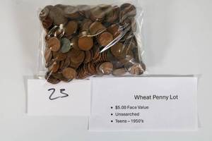 lot 23 image: Wheat Penny Lot Unsearched Teens-50s $5.00 (Qty 500) Face Value