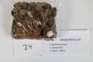 lot 24 image: Wheat Penny Lot Unsearched Teens-50s $5.00 (Qty 500) Face Value