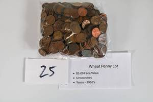 lot 25 image: Wheat Penny Lot Unsearched Teens-50s $5.00 (Qty 500) Face Value