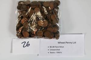 lot 26 image: Wheat Penny Lot Unsearched Teens-50s $5.00 (Qty 500) Face Value