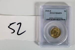 lot 52 image: 1945-D Jefferson War Nickel 35% Silver -- PCGS MS65FS